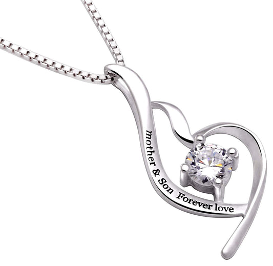 "Mother & Son Forever Love" Heart Necklace Embellished with Crystals in 18K White Gold Plated - Puritific