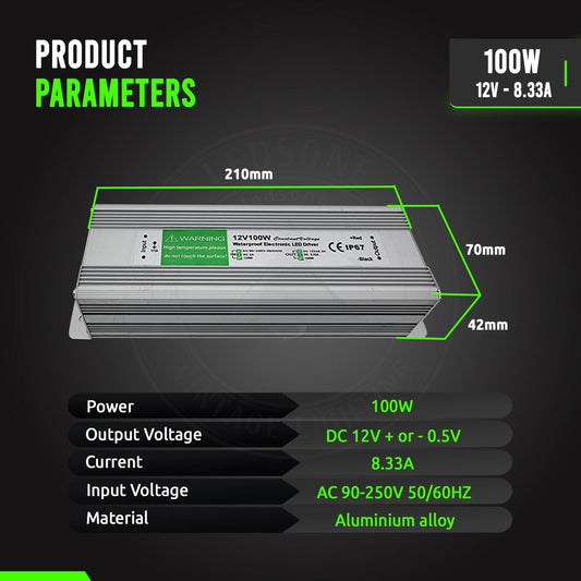 DC12V IP67 100W Waterproof 8.33A LED Driver Power Supply Transformer~3373-1