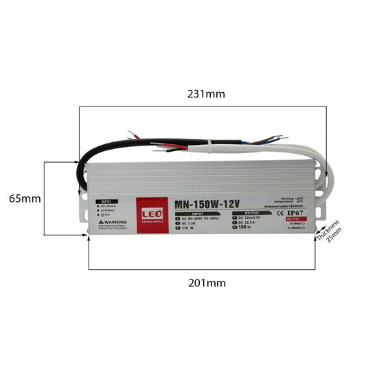 DC12V IP67 12.5A 150W Waterproof LED Driver Power Supply Transformer~3346-1