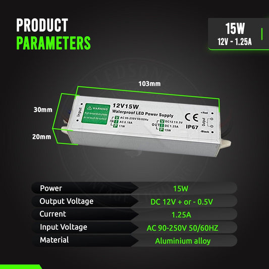 DC12V IP67 15W Waterproof LED Driver Power Supply Transformer~3363-1