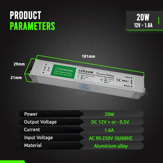 DC12V IP67 20W Waterproof LED Driver Power Supply Transformer~3362-1