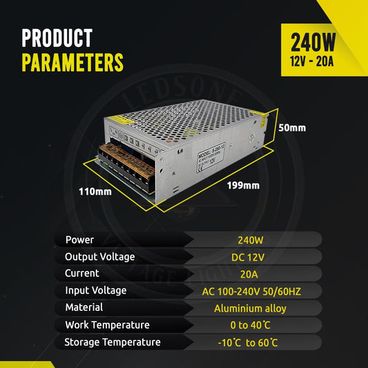 DC12V LED Driver 240W 20Amp AC110-240V to 12V Power Supply Transformer~3336-1