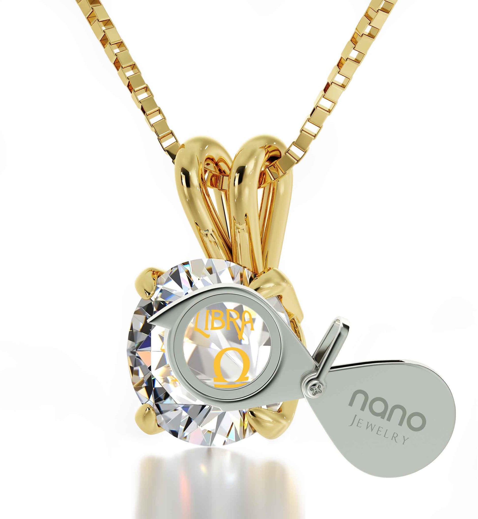 14k Yellow Gold Libra Necklace Zodiac Pendant 24k Gold Inscribed on Crystal - Puritific