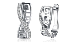 14K White Gold Plated Austrian Elements Pav'e Greek Key Design Pav'e Curved Hinge Earrings ITALY Design - Puritific