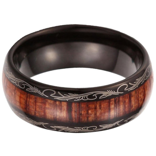 Black Leaf Motif Koa Wood Tungsten Ring - Puritific