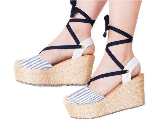 Espadrille Sandals Silvia Cobos Lace Blue Stripes - Puritific