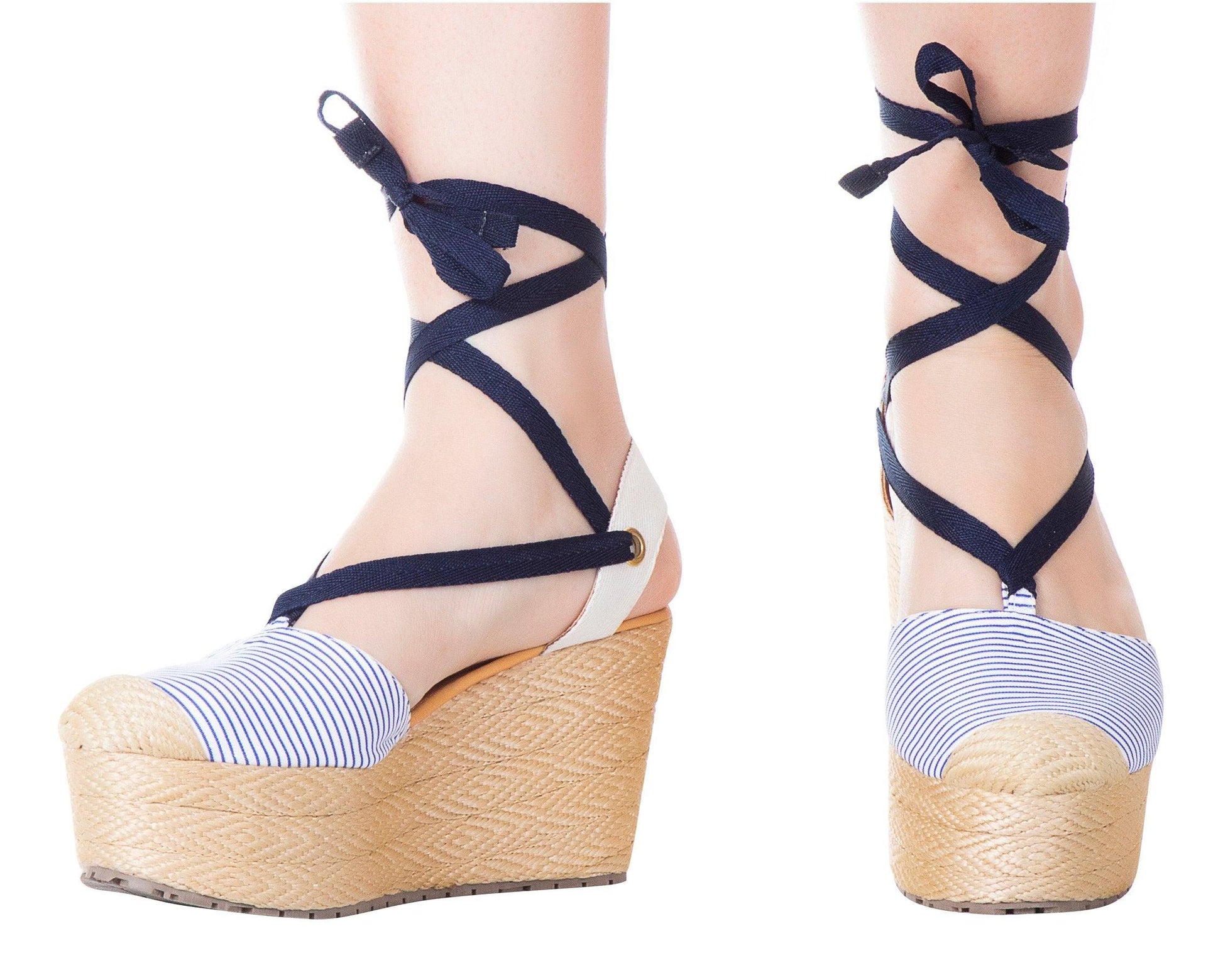 Espadrille Sandals Silvia Cobos Lace Blue Stripes - Puritific