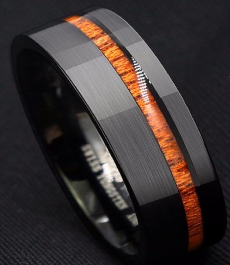 Black Brushed Tungsten Carbide Wood Ring - Puritific