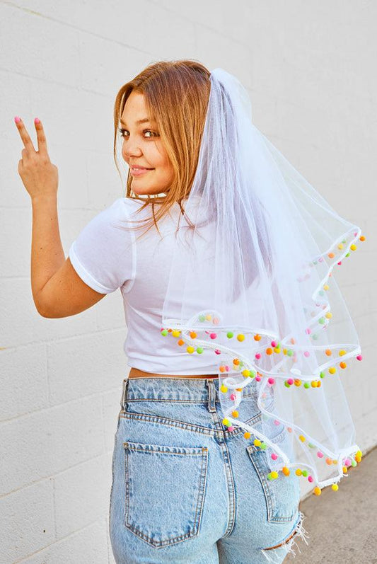 Fiesta Pom Pom Bachelorette Party Veil - Puritific