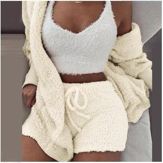 Fluffy Three Piece Set Lounge Sexy Outfits - Puritific