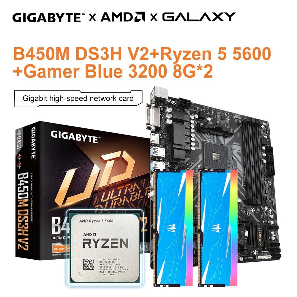 Gigabyte New B450M DS3H V2 Motherboard + AMD New Ryzen 5 5600 R5 5600 CPU Processor Socket AM4 + GALAXY 8G 3200 8G*2 RAM mATX - Puritific