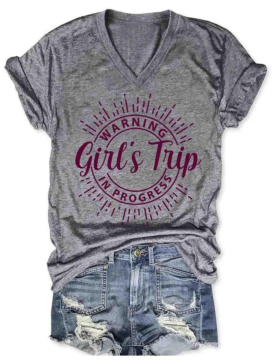 Girl's Trip Warning V-Neck Tee - Puritific