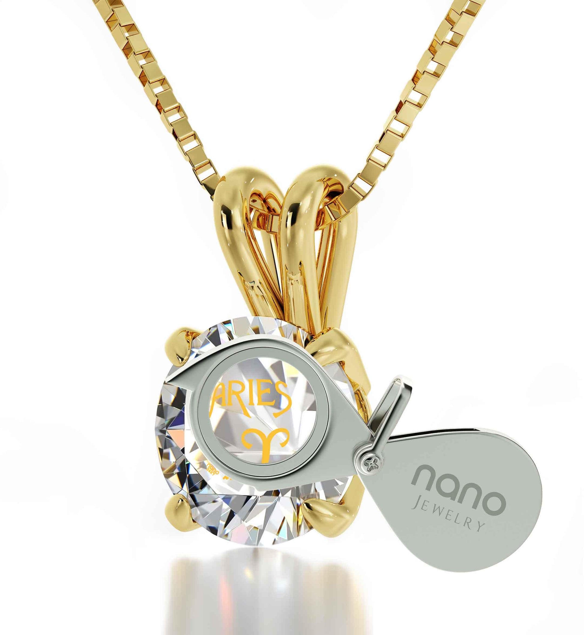 Gold Plated Silver Aries Necklace Zodiac Pendant 24k Gold inscribed on Crystal - Puritific