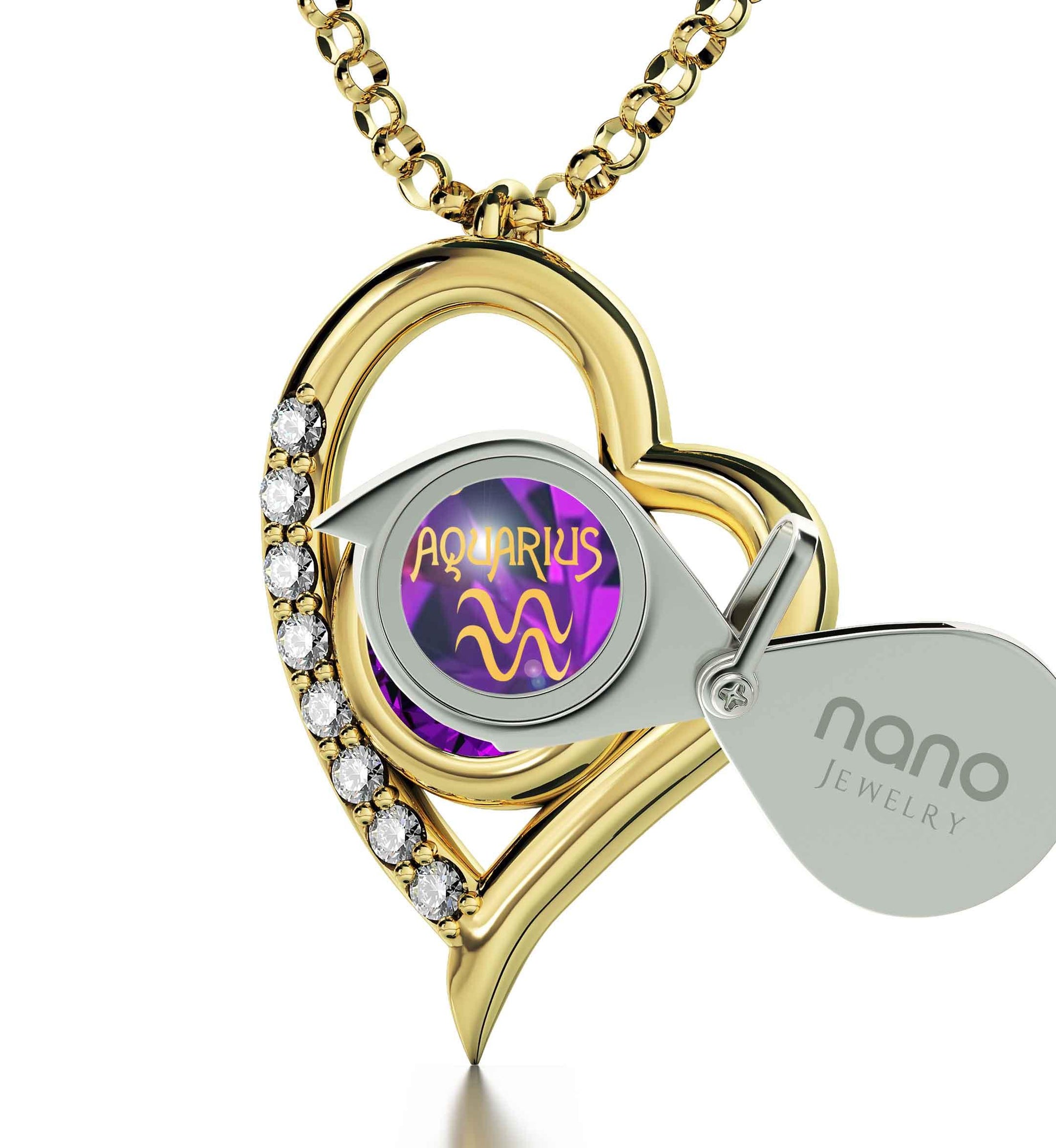 Gold Plated Silver Zodiac Heart Pendant Aquarius Necklace 24k Gold inscribed on Crystal - Puritific