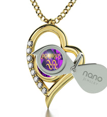 Gold Plated Silver Zodiac Heart Pendant Aquarius Necklace 24k Gold inscribed on Crystal - Puritific