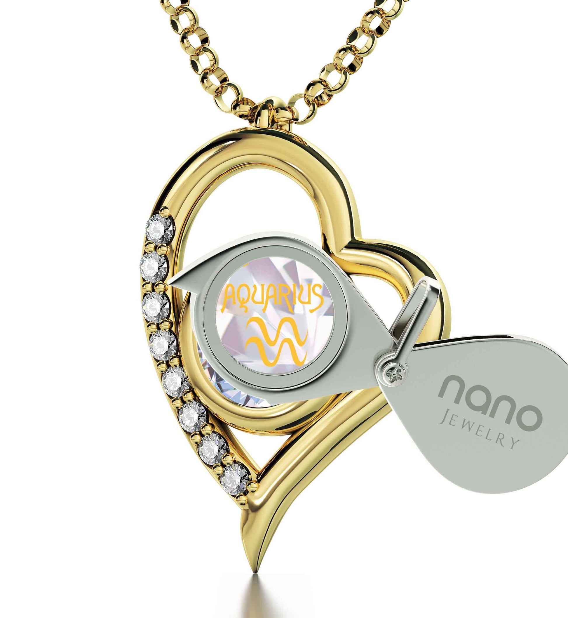 Gold Plated Silver Zodiac Heart Pendant Aquarius Necklace 24k Gold inscribed on Crystal - Puritific