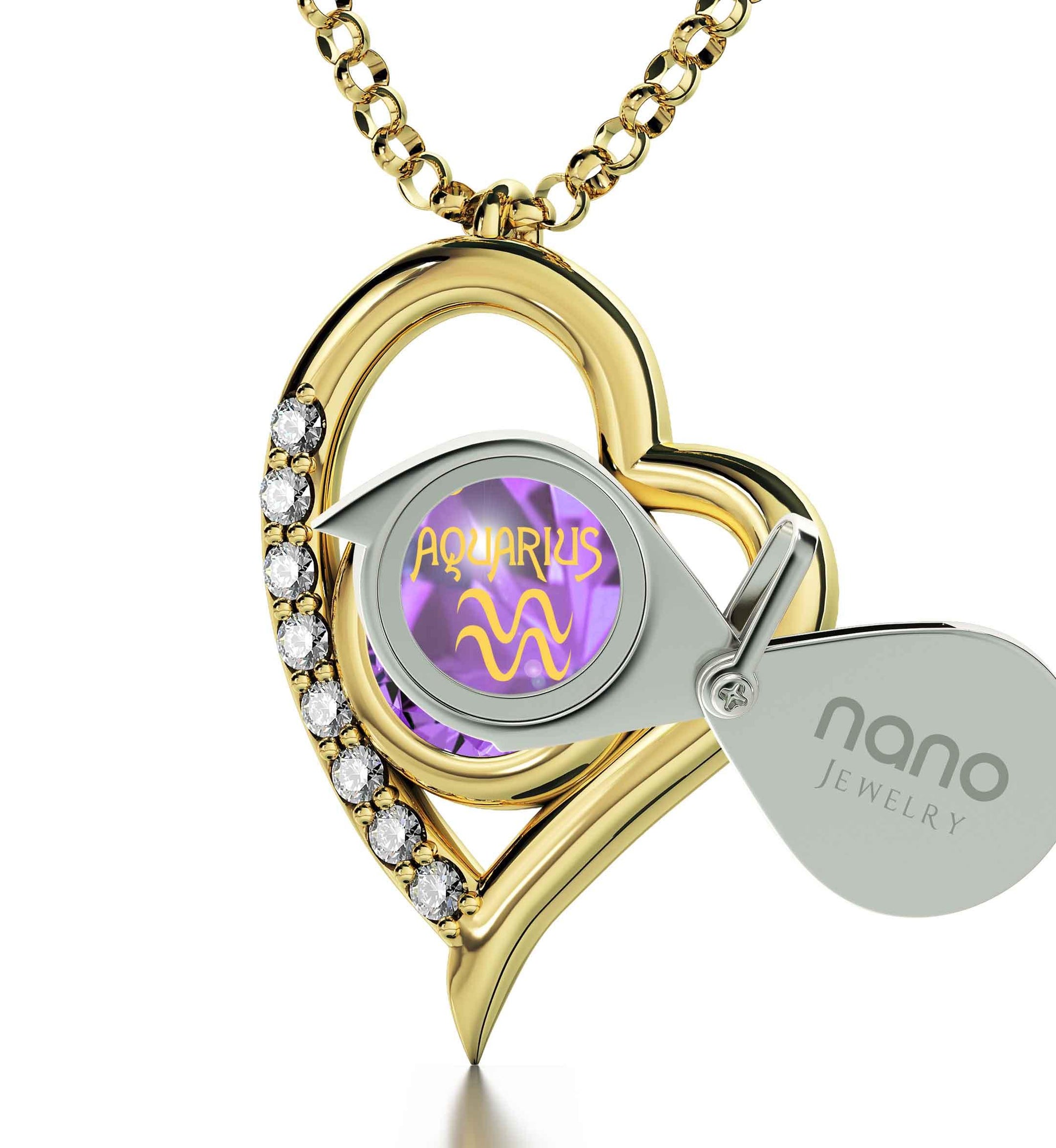 Gold Plated Silver Zodiac Heart Pendant Aquarius Necklace 24k Gold inscribed on Crystal - Puritific