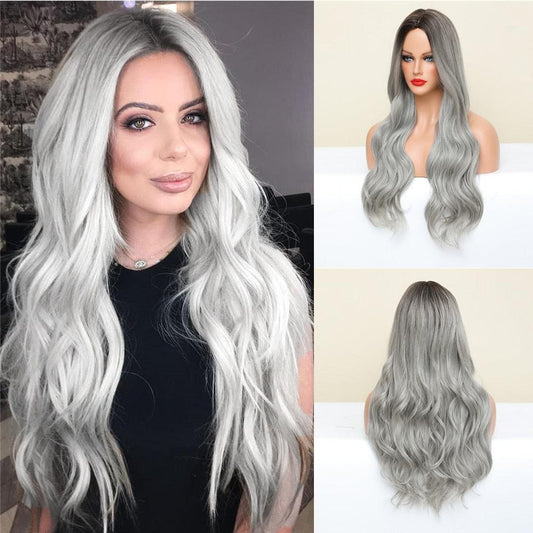 Long Wavy Silver Gray Ash Wigs with Highlights - Puritific