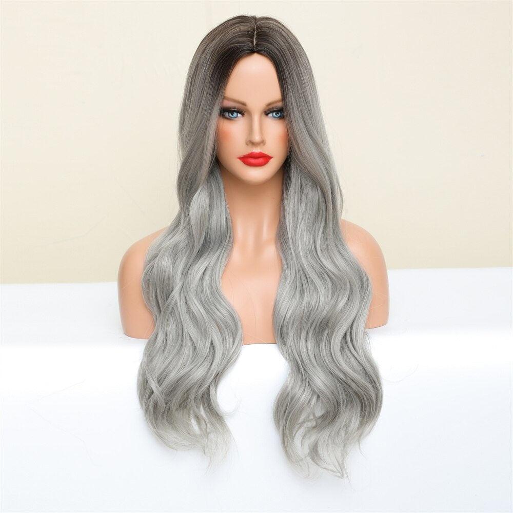 Long Wavy Silver Gray Ash Wigs with Highlights - Puritific