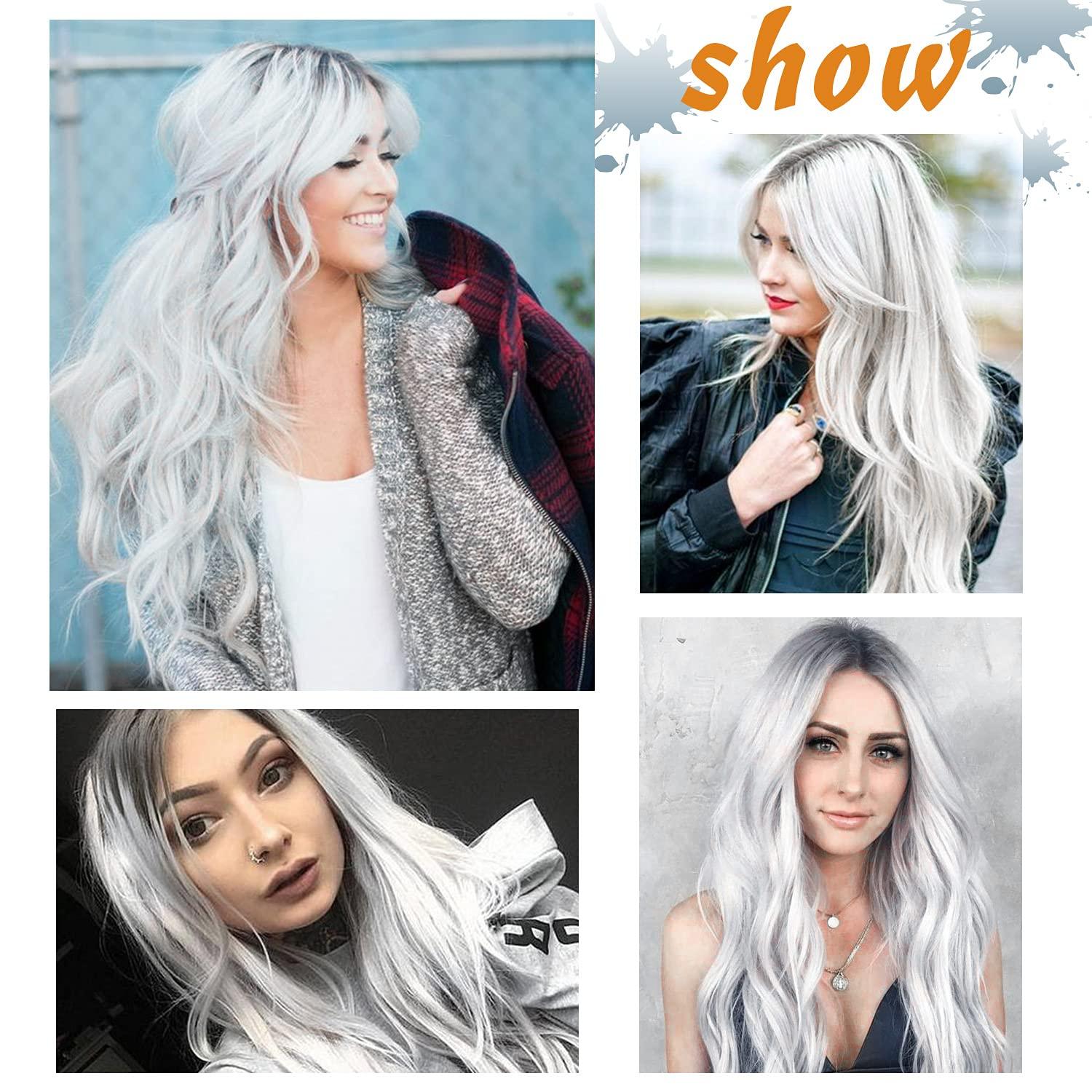 Long Wavy Silver Gray Ash Wigs with Highlights - Puritific