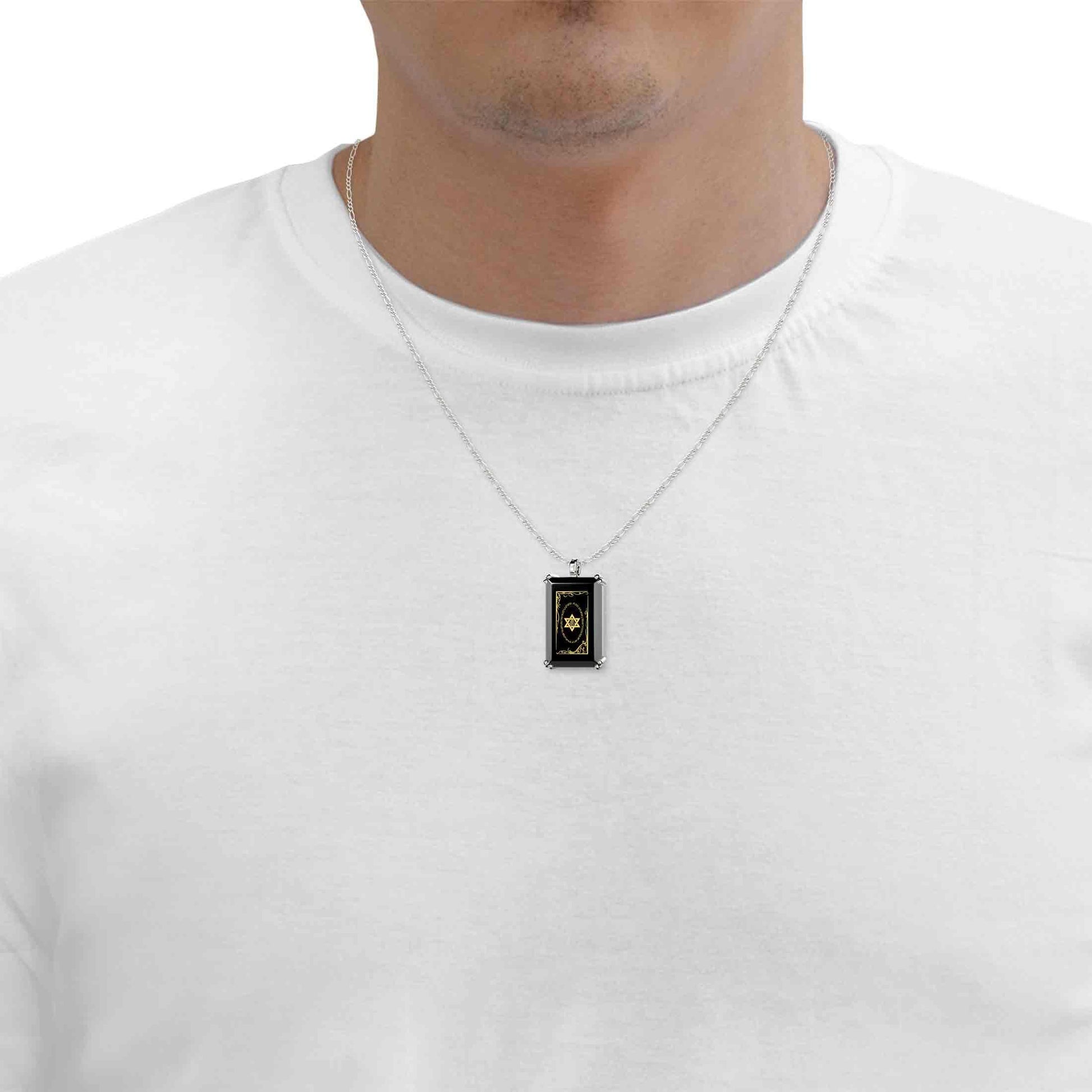 Men's Star of David Necklace Shema Israel Pendant 24k Gold Inscribed on Onyx - Puritific