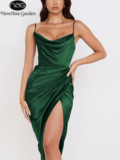 Midi Satin Dress Split Adjustable Strap - Puritific