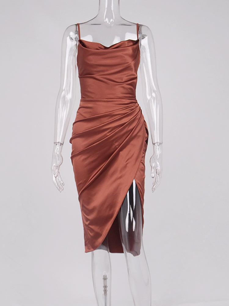 Midi Satin Dress Split Adjustable Strap - Puritific