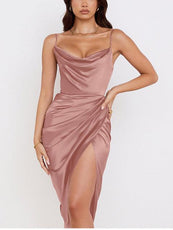 Midi Satin Dress Split Adjustable Strap - Puritific