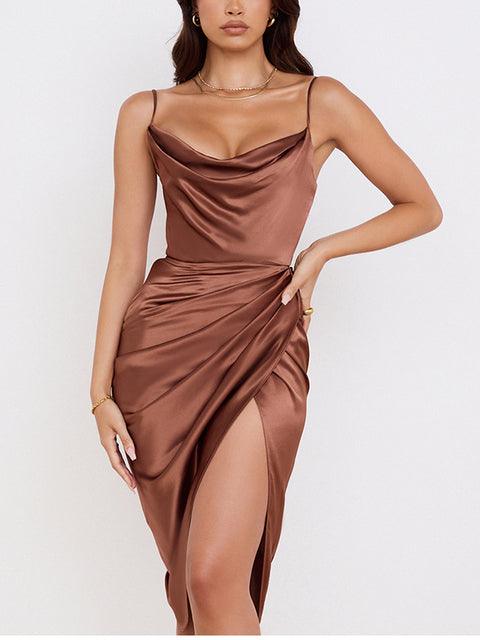 Midi Satin Dress Split Adjustable Strap - Puritific