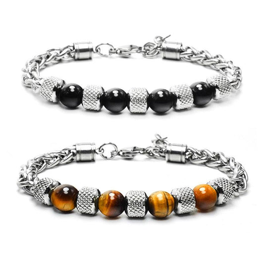 New Men's Adjustable Natural Stone Bead Stainless Steel Bracelet - Puritific