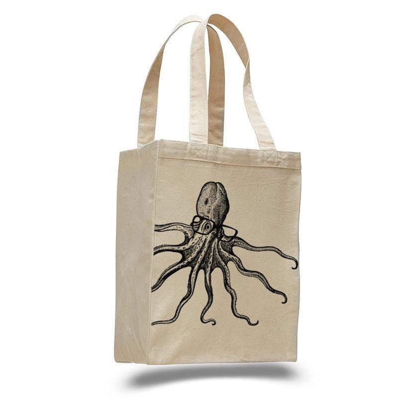 Octopus wearing glasses- cotton canvas natural tote bag - Puritific