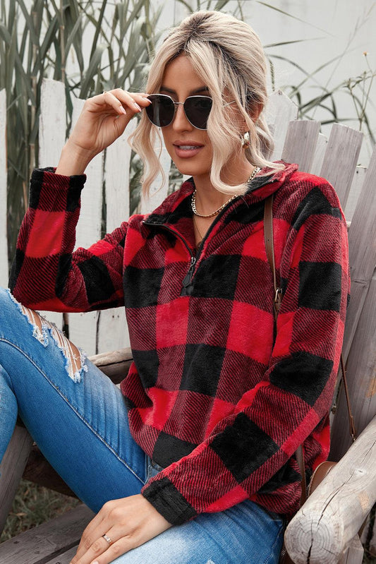 Plaid Print 1/4 Collar Sweatshirt - Puritific