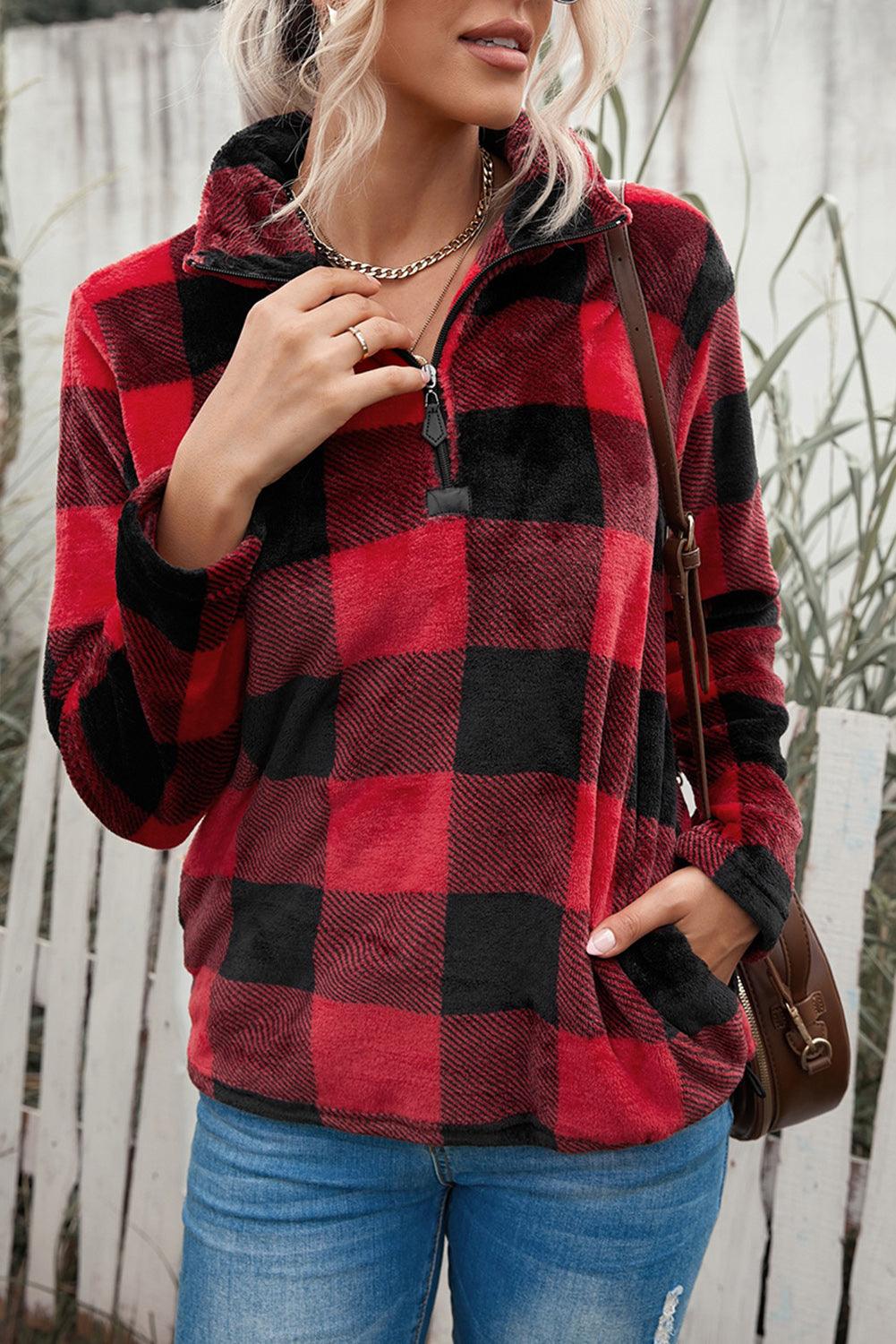 Plaid Print 1/4 Collar Sweatshirt - Puritific