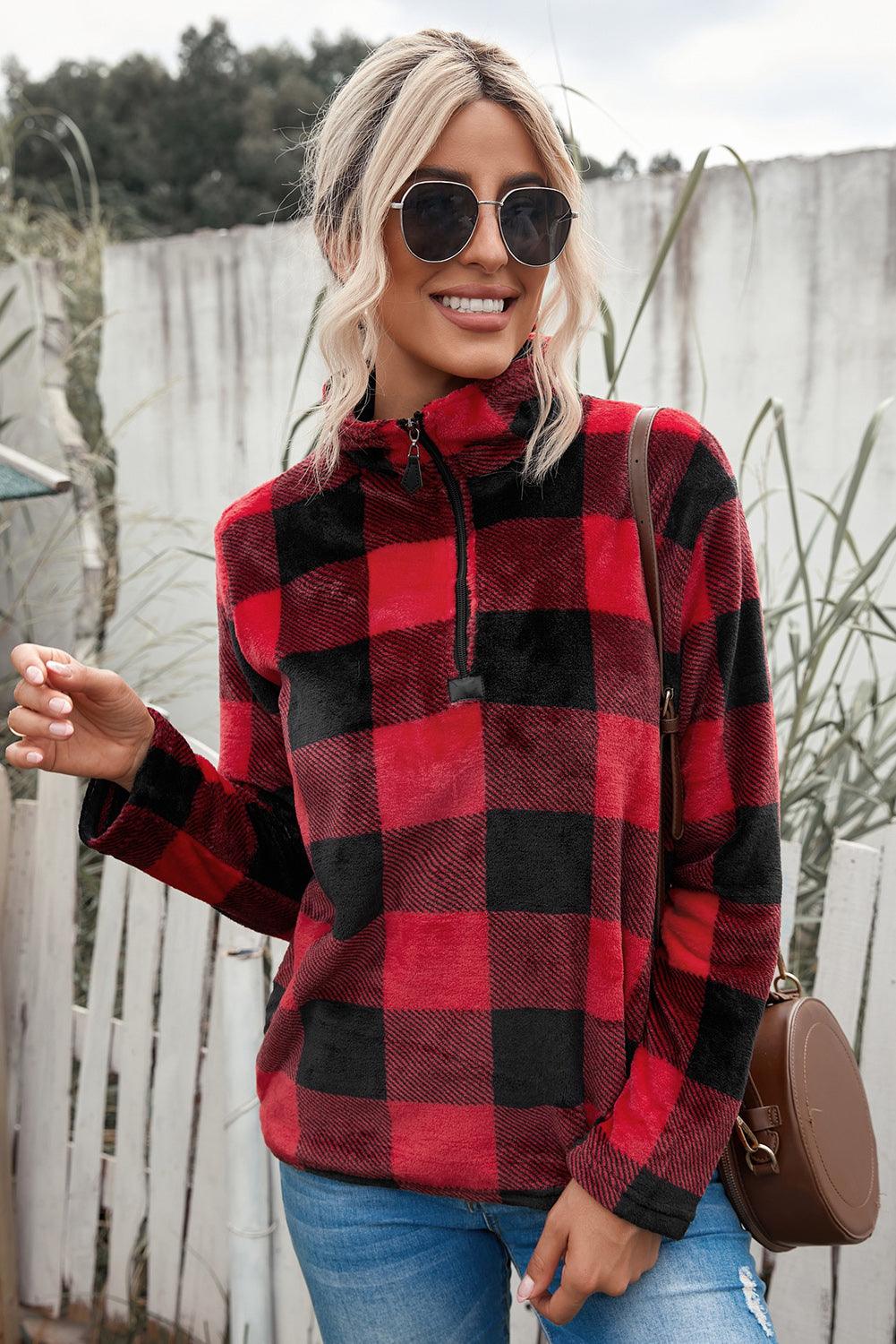 Plaid Print 1/4 Collar Sweatshirt - Puritific