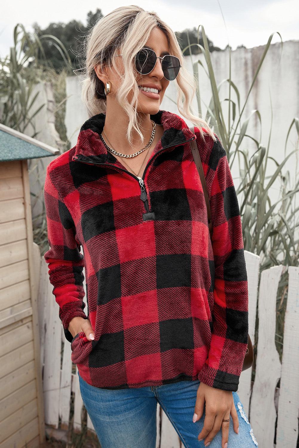 Plaid Print 1/4 Collar Sweatshirt - Puritific