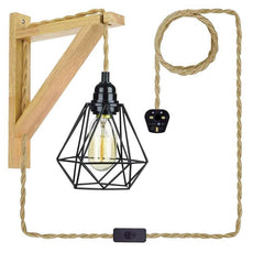 Plug in cord Wood hemp rope wall lamp with diamond shade~4549-0