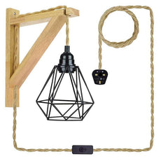 Plug in cord Wood hemp rope wall lamp with diamond shade~4549-9