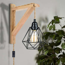 Plug in cord Wood hemp rope wall lamp with diamond shade~4549-4