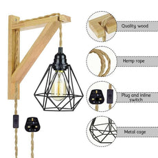 Plug in cord Wood hemp rope wall lamp with diamond shade~4549-5