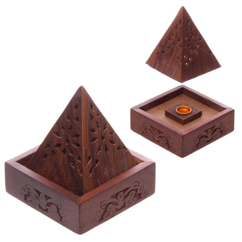 Pyramid Sheesham Wood Incense Cone Box with Fretwork IF198-0