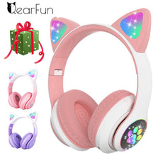 Qearfun Flash Light Cute Cat Ear Headphones Wireless with Mic Can close LED Kids Girl Stereo Phone Music Bluetooth Headset Gamer - Puritific