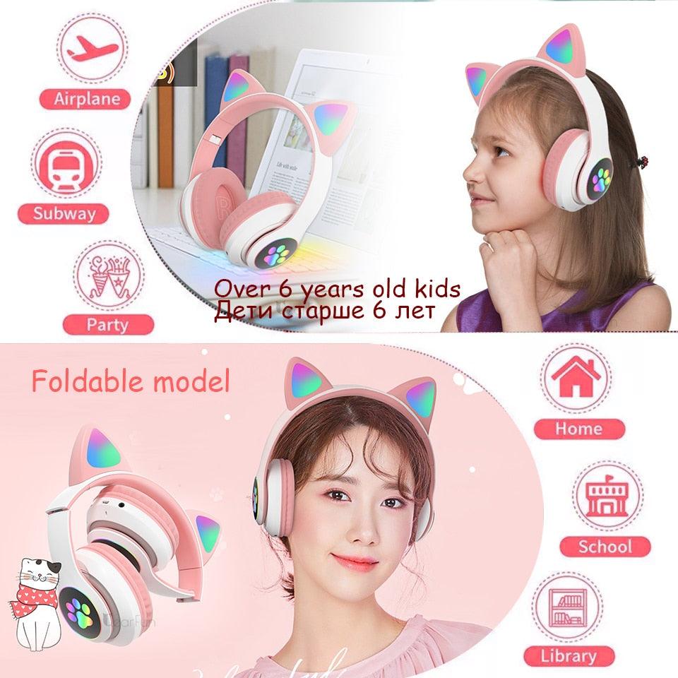 Qearfun Flash Light Cute Cat Ear Headphones Wireless with Mic Can close LED Kids Girl Stereo Phone Music Bluetooth Headset Gamer - Puritific