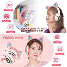 Qearfun Flash Light Cute Cat Ear Headphones Wireless with Mic Can close LED Kids Girl Stereo Phone Music Bluetooth Headset Gamer - Puritific