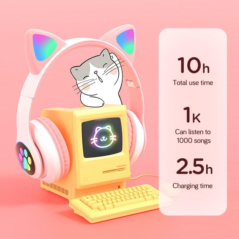 Qearfun Flash Light Cute Cat Ear Headphones Wireless with Mic Can close LED Kids Girl Stereo Phone Music Bluetooth Headset Gamer - Puritific