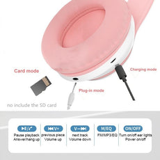 Qearfun Flash Light Cute Cat Ear Headphones Wireless with Mic Can close LED Kids Girl Stereo Phone Music Bluetooth Headset Gamer - Puritific