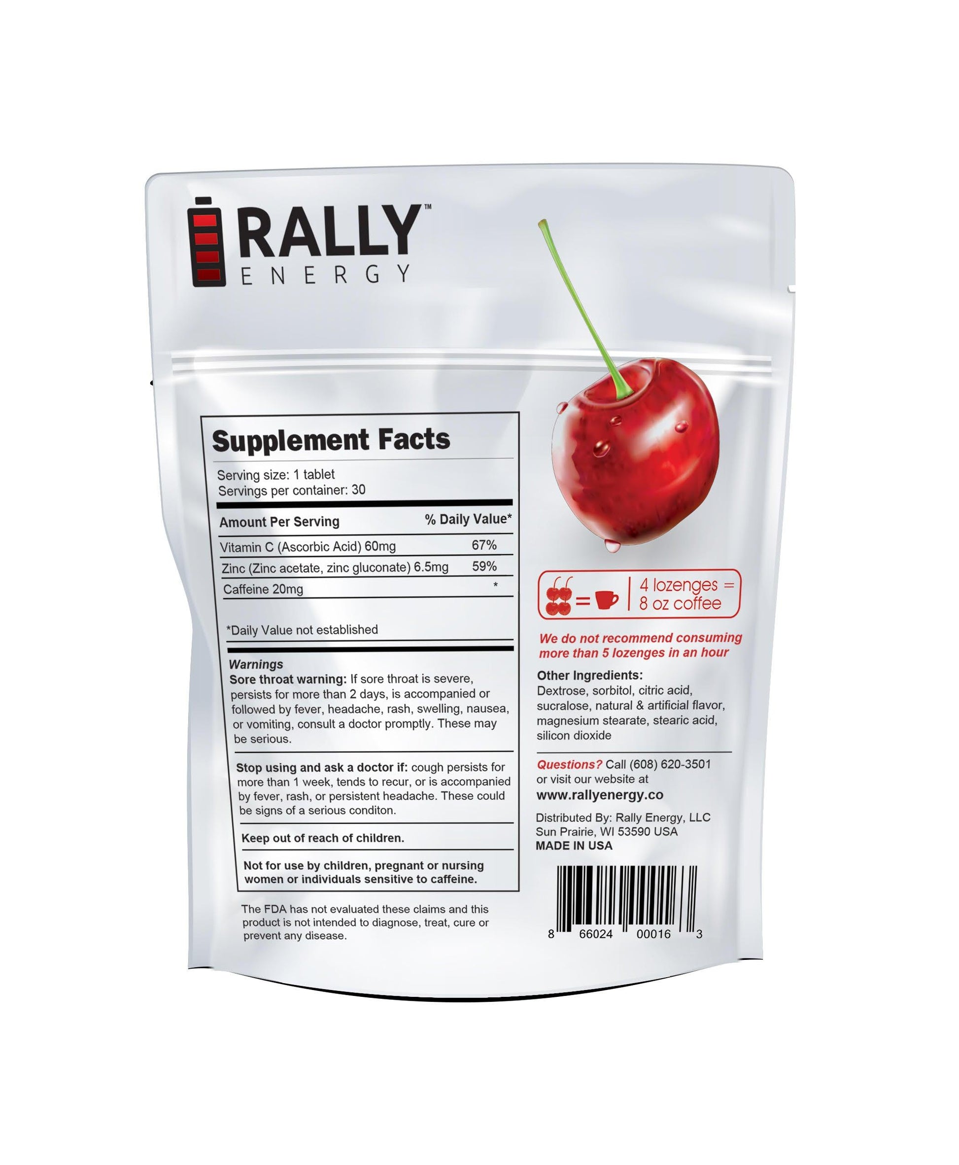 Rally Energy Cough Relief - Caffeinated, Cherry Flavored Cough Lozenges - Puritific