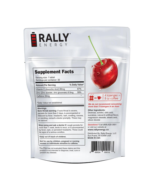 Rally Energy Cough Relief - Caffeinated, Cherry Flavored Cough Lozenges - Puritific