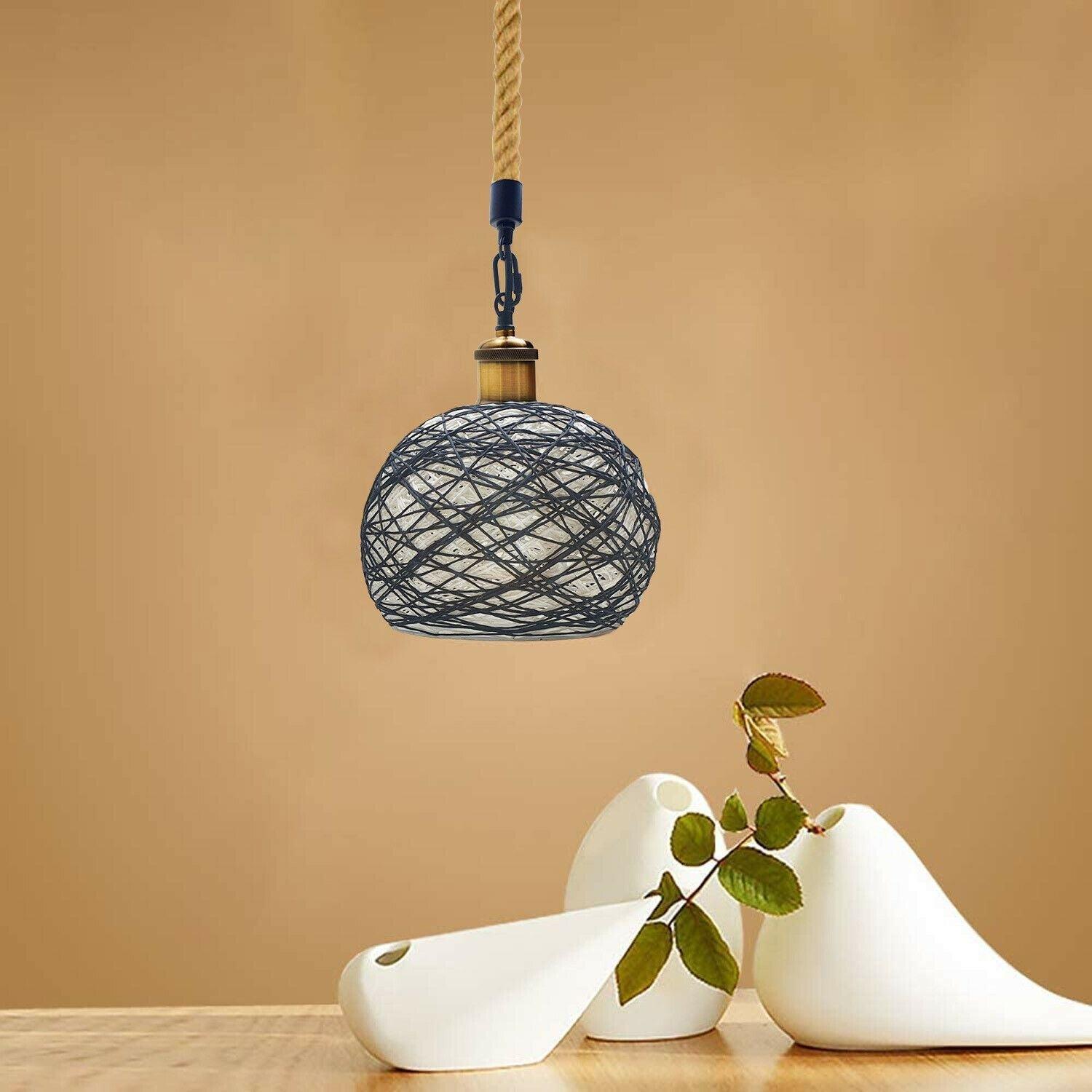 Rattan Ceiling Light lamp Hanging Hemp Rope Pendant Lamp Shade~1333-9