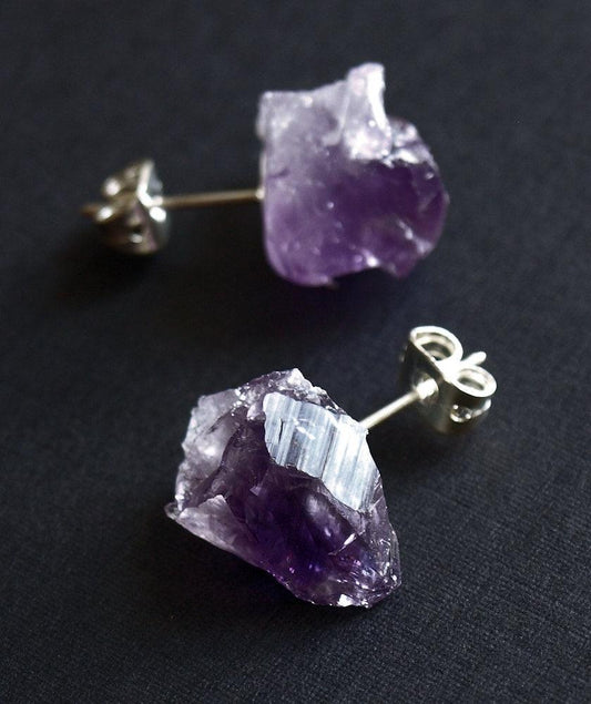 Raw Amethyst Earrings, Raw Stud Earrings - Puritific