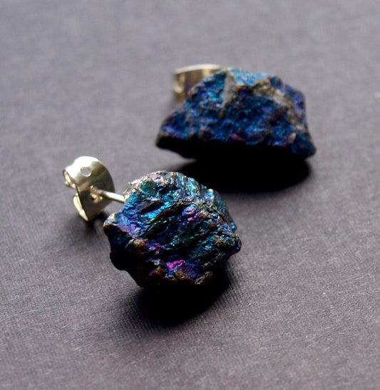 Raw Peacock Ore Chunk Earrings, Geo Earrings, Rock Stud Earrings - Puritific